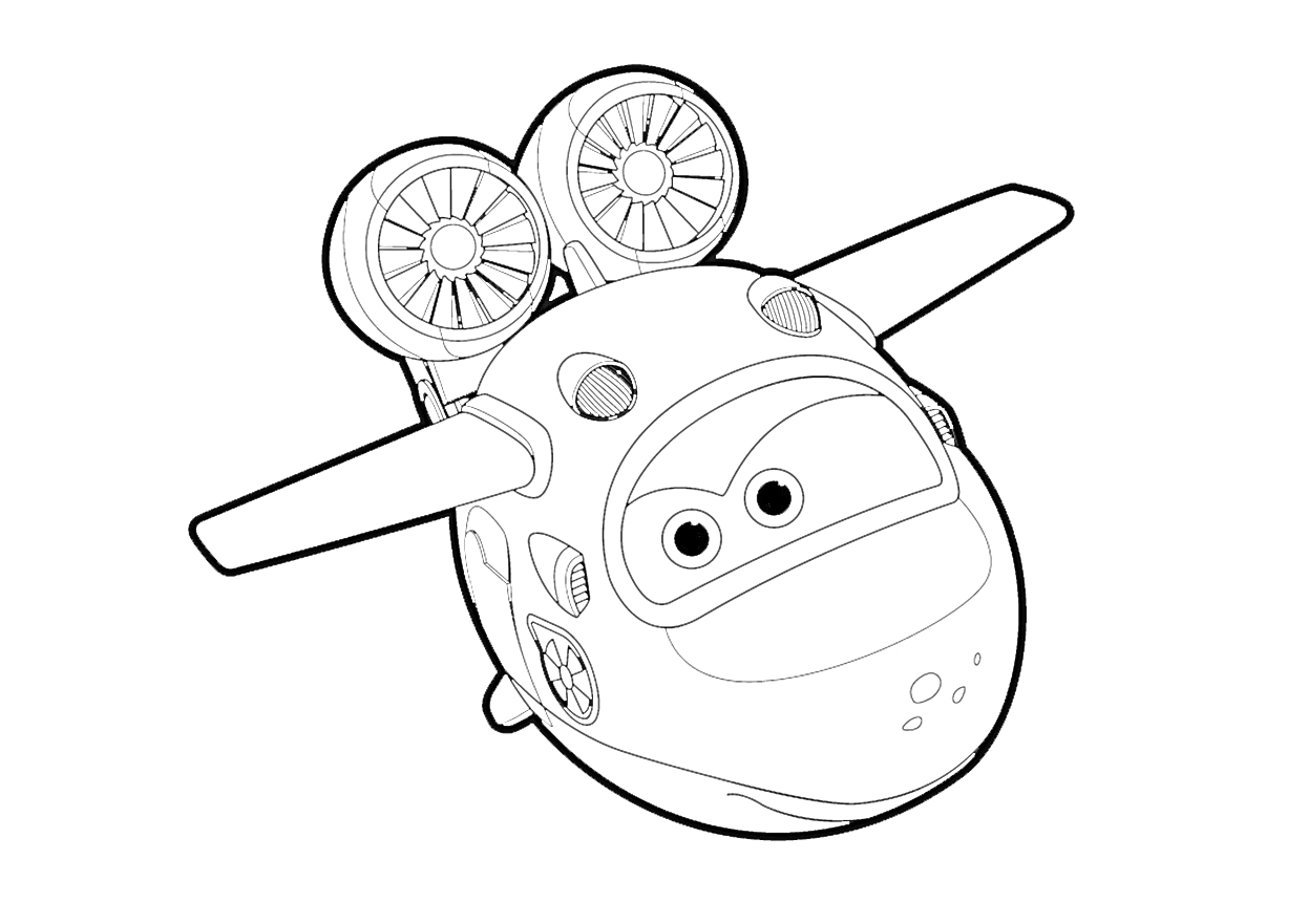 Самолет с большими глазами и двумя пропеллерами на спине из мультфильма 