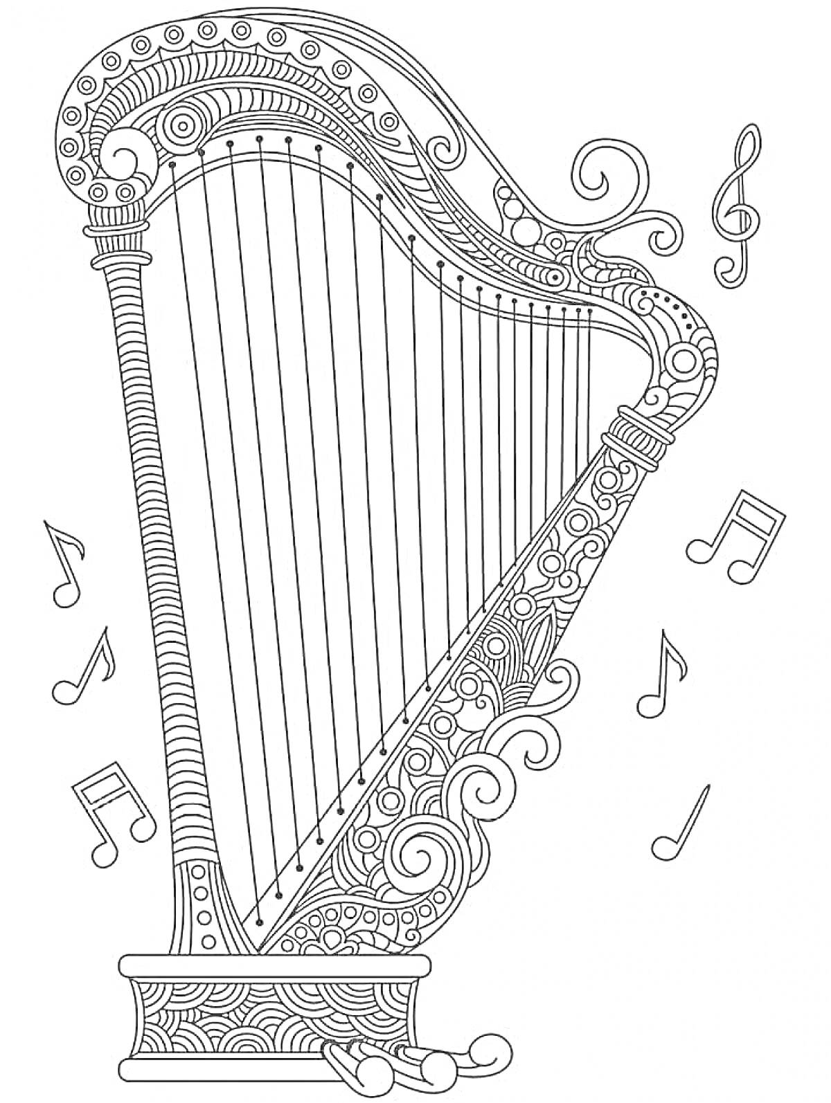 Раскраска Арфа с декоративным узором, музыкальными нотами и спиралями
