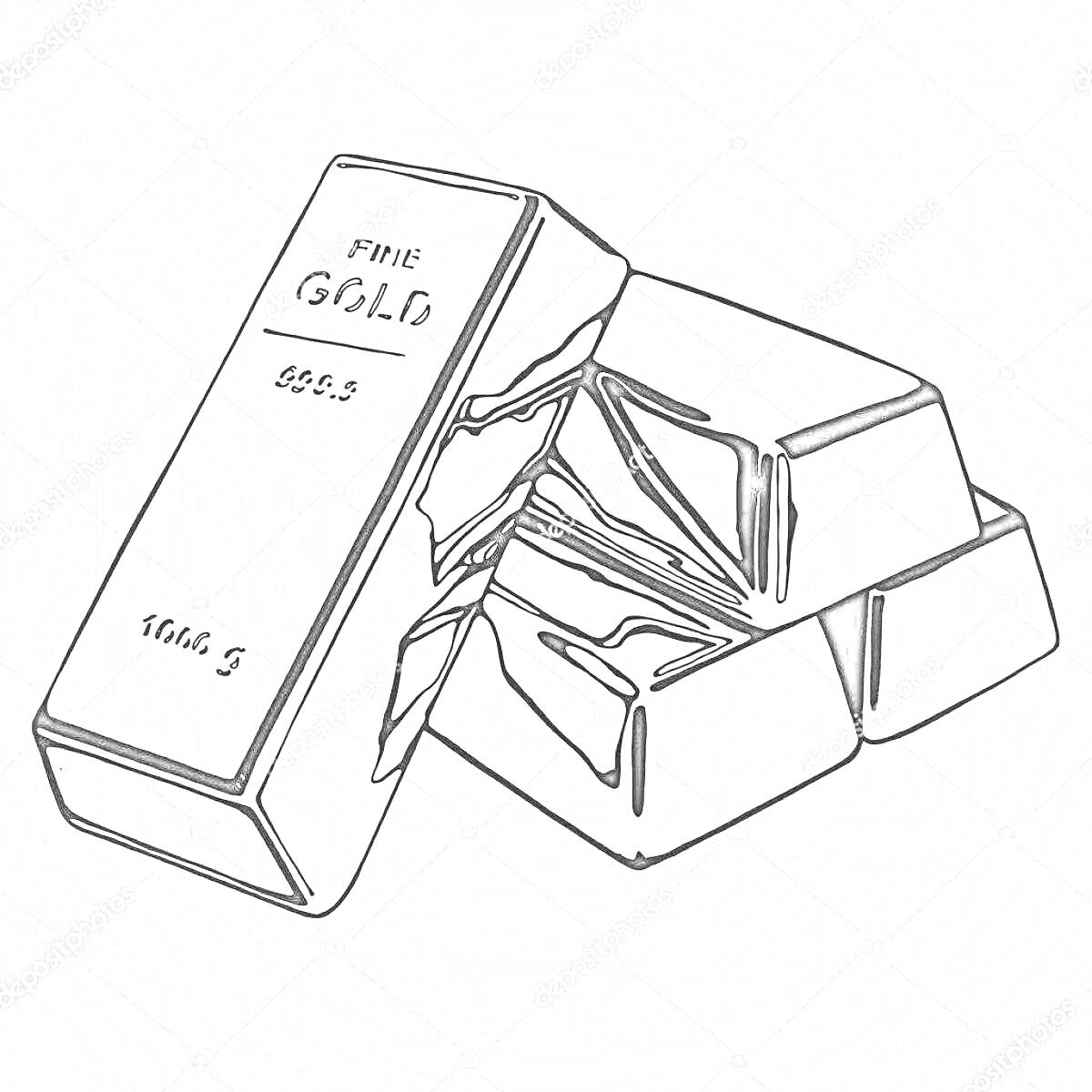 Раскраска Слитки золота, один слиток с надписью FINE GOLD 999.9 1000G, четыре слитка без надписей