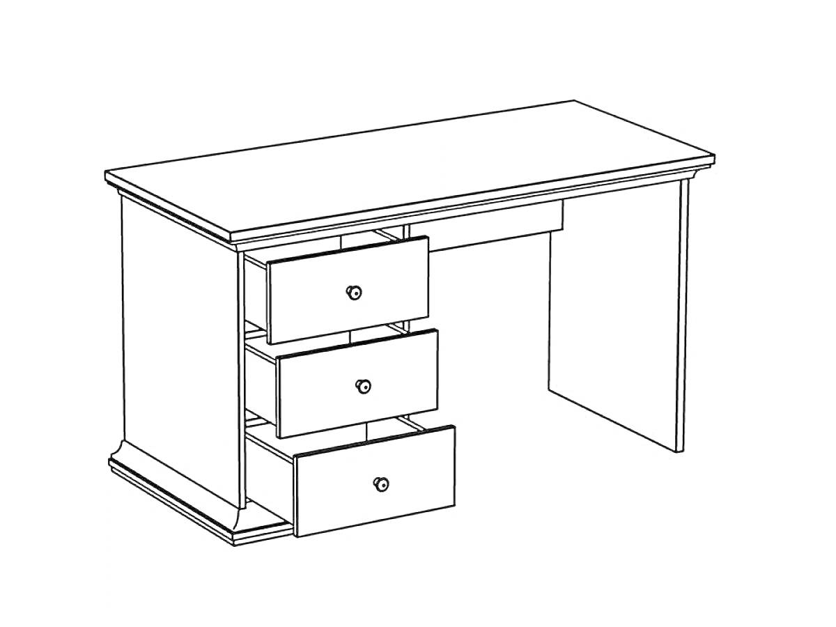 На раскраске изображено: Письменный стол, Мебель, Выдвижные ящики