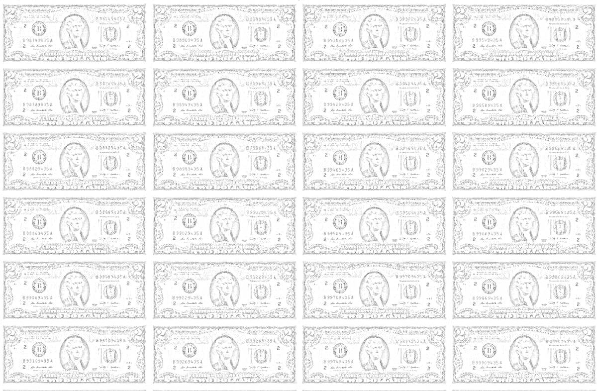 Раскраска с изображением девятнадцати долларов США (реплика), располагающихся в пять рядов по четыре.