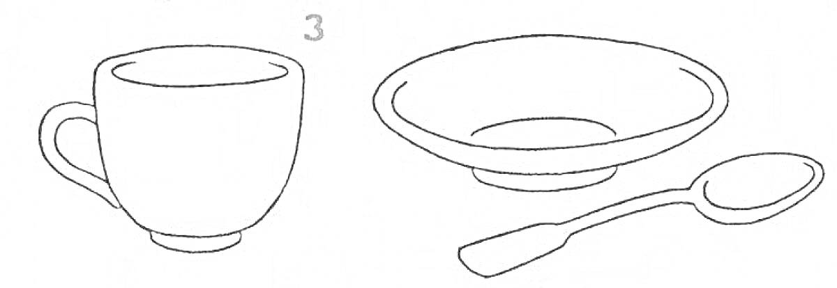 Раскраска чашка, глубокая тарелка, ложка