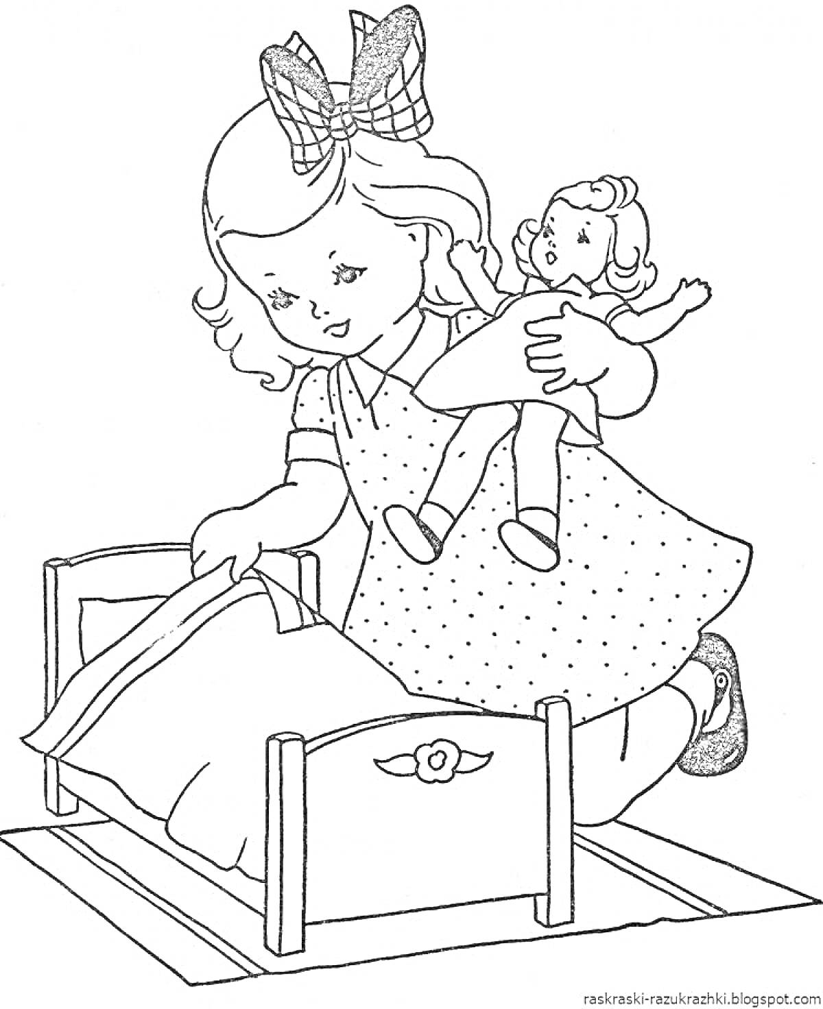 На раскраске изображено: Девочка, Кукла, Постель, Платье