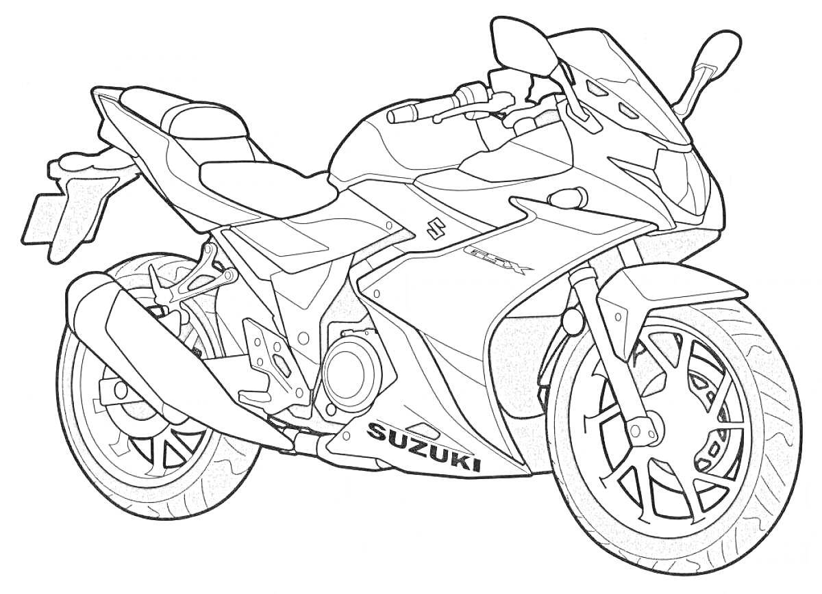 На раскраске изображено: Мотоцикл, Suzuki, Транспорт, Колеса, Руль, Зеркало, Выхлопные трубы, Сидение