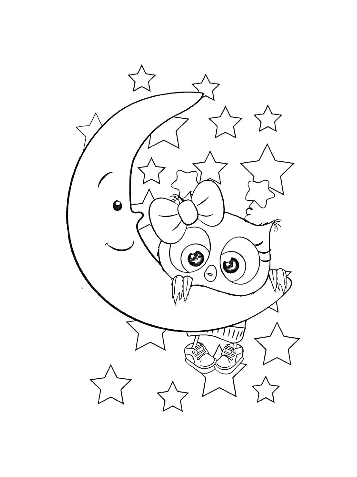 На раскраске изображено: Месяц, Луна, Звезды, Ночное небо, Бант, Книга, Сова