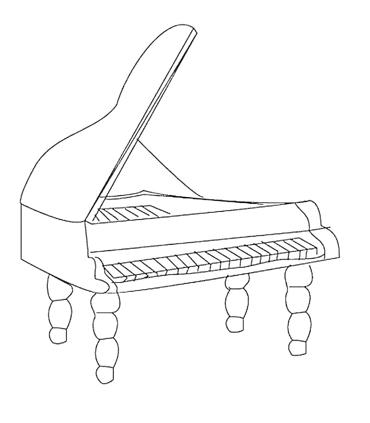 Рояль с открытой крышкой и четырьмя резными ножками.