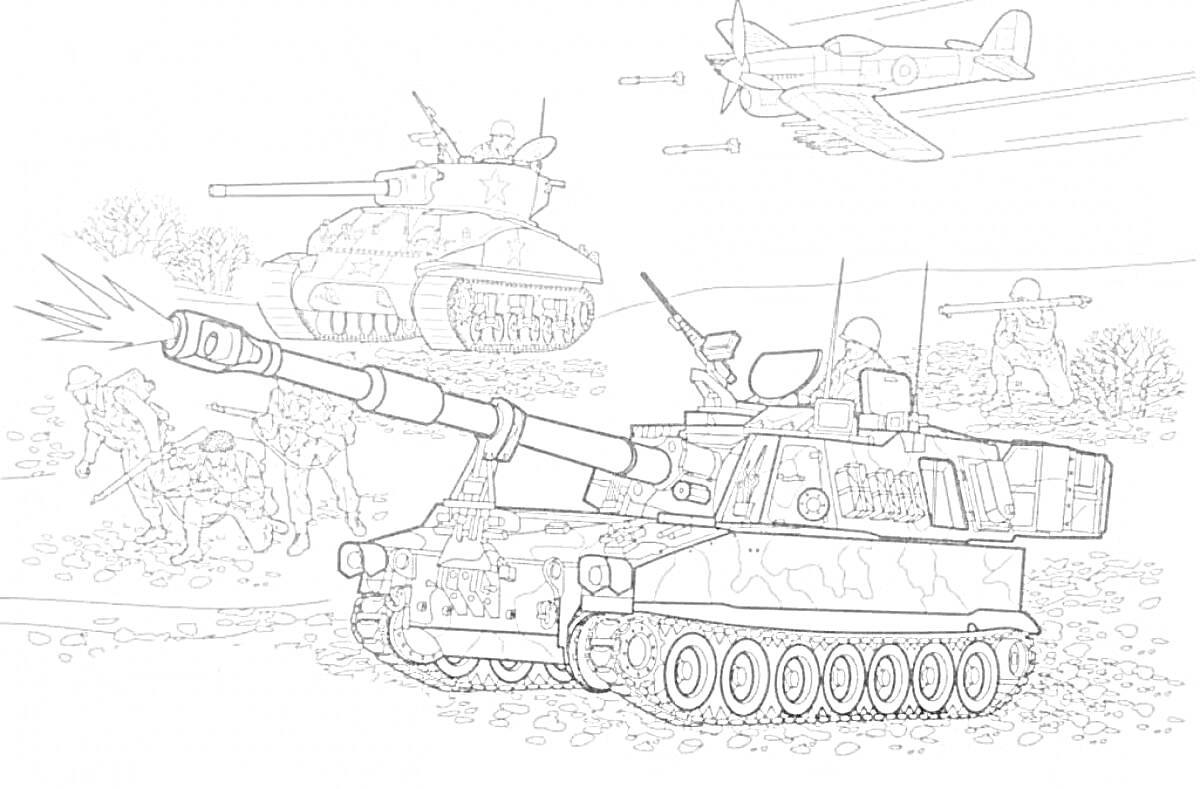 Раскраска Солдаты, танки и самолёт на поле боя