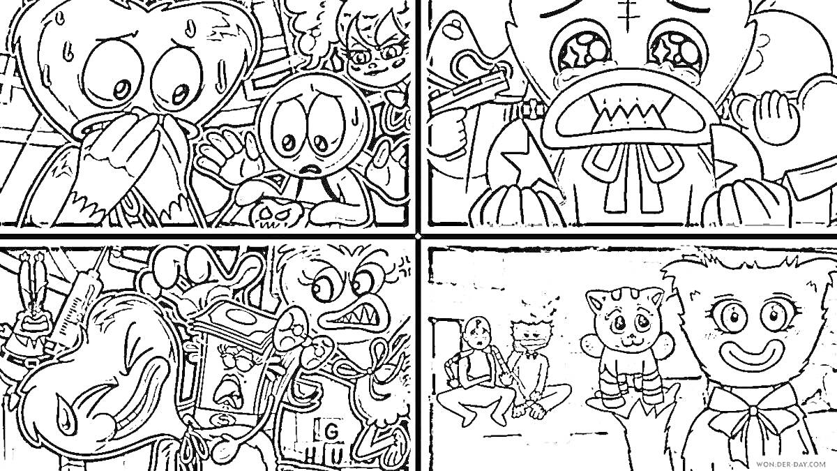 Раскраска Комикс на тему игроков из Поппи Плейтайм с плачущими персонажами, испуганными выражениями лиц и моментами сражений