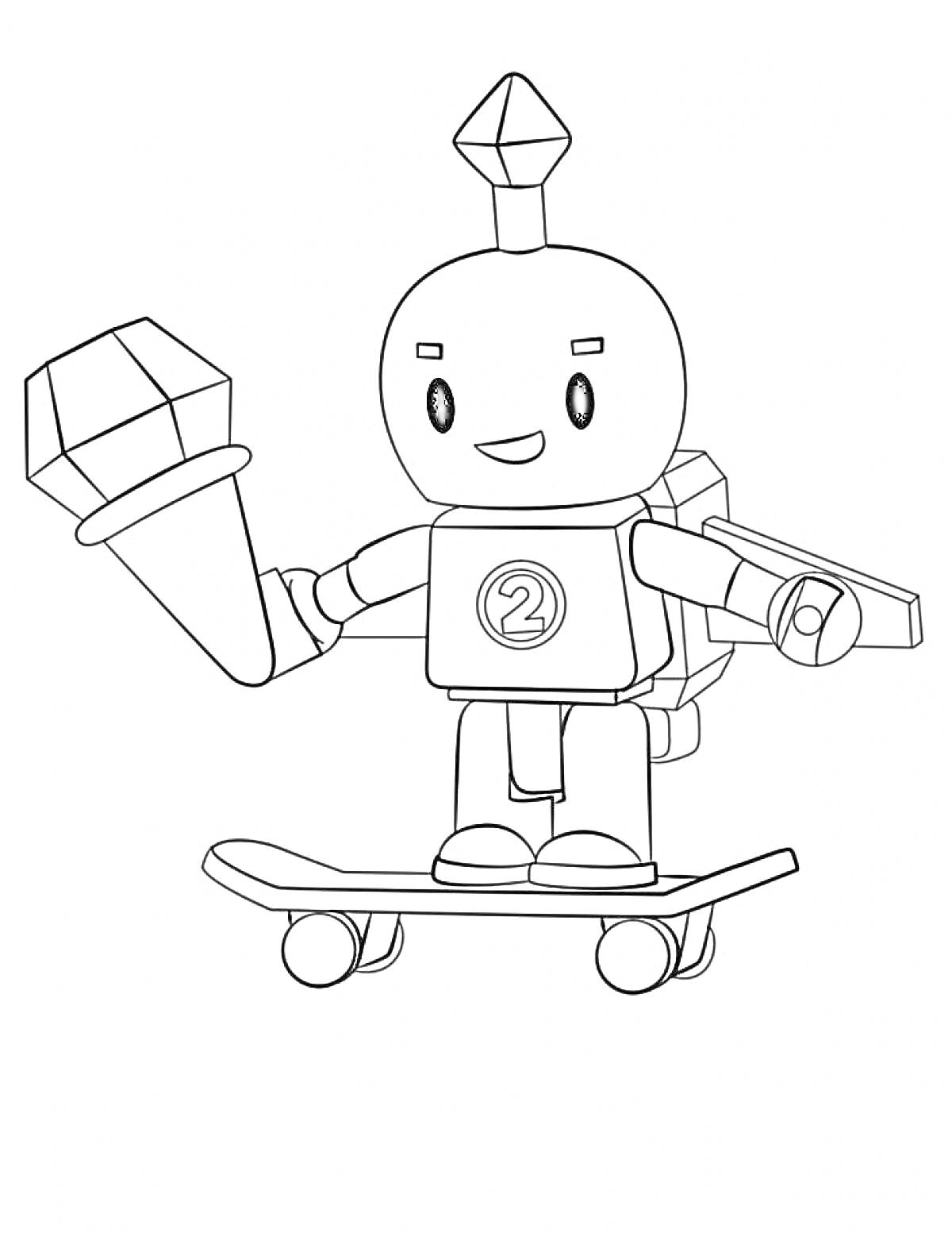 Раскраска Роблокс персонаж на скейтборде с кристаллом и рюкзаком с крыльями