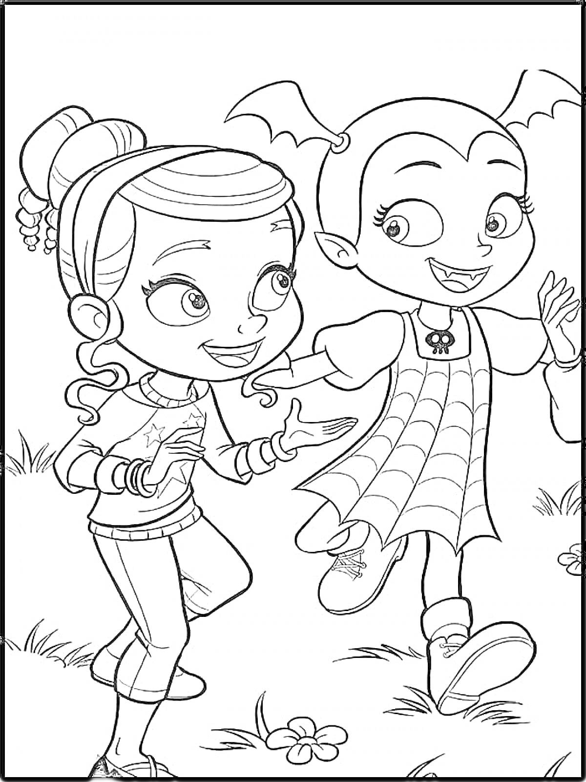 Раскраска Две девочки на лужайке — одна с прической, другая в платье с крыльями летучей мыши