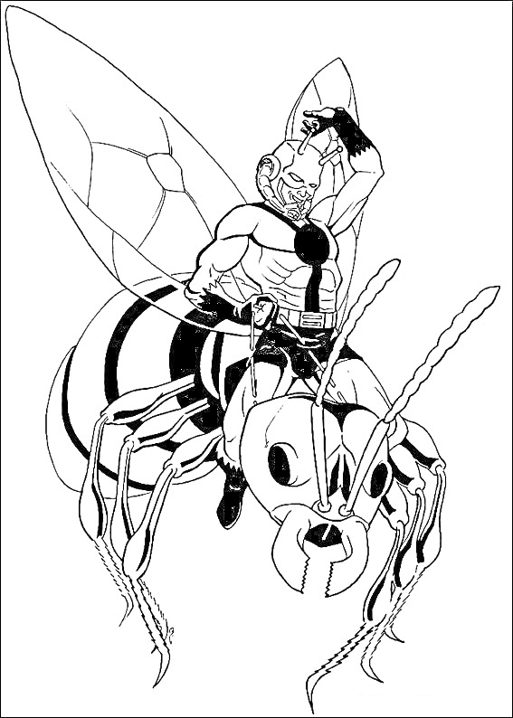 Раскраска Человек-муравей на муравье с поднятым кулаком