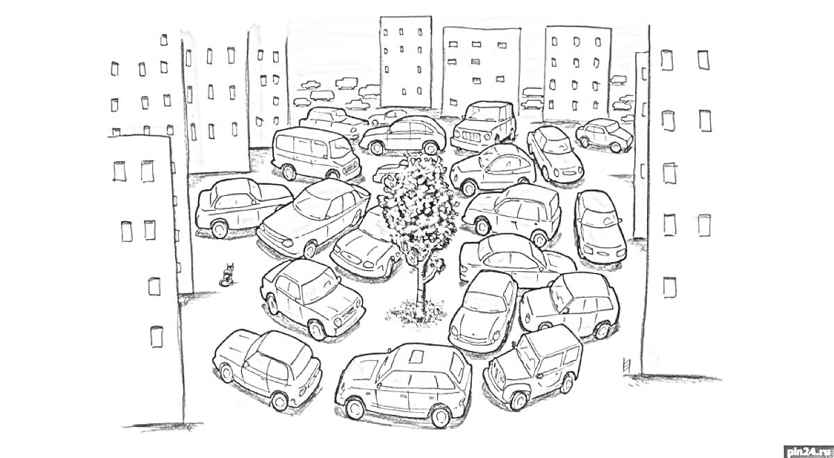 Раскраска Городская стоянка с множеством автомобилей, высокие жилые дома на заднем фоне, дерево в центре
