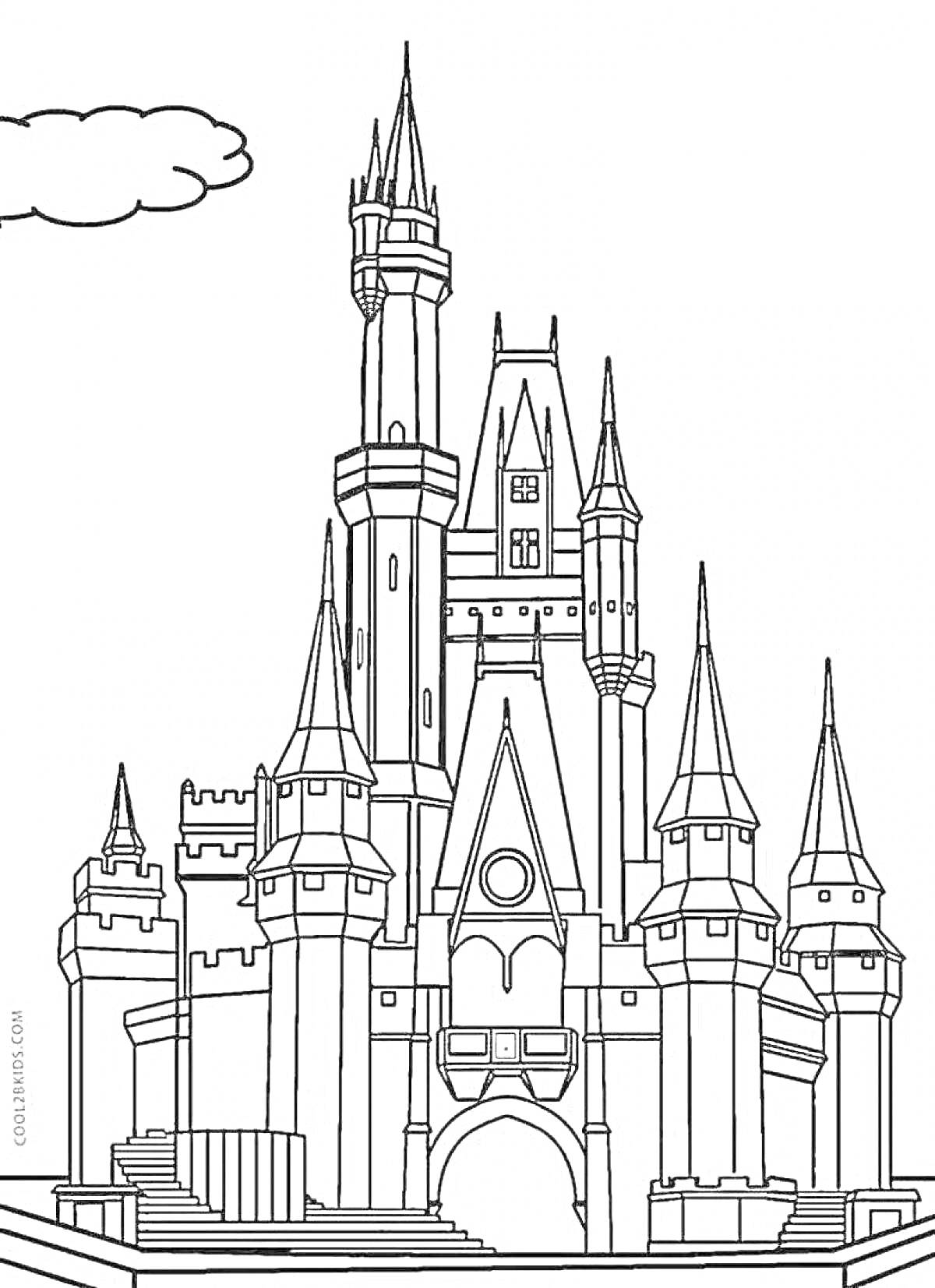 На раскраске изображено: Дворец, Принцесса, Замок, Башни, Облака, Архитектура, Творчество