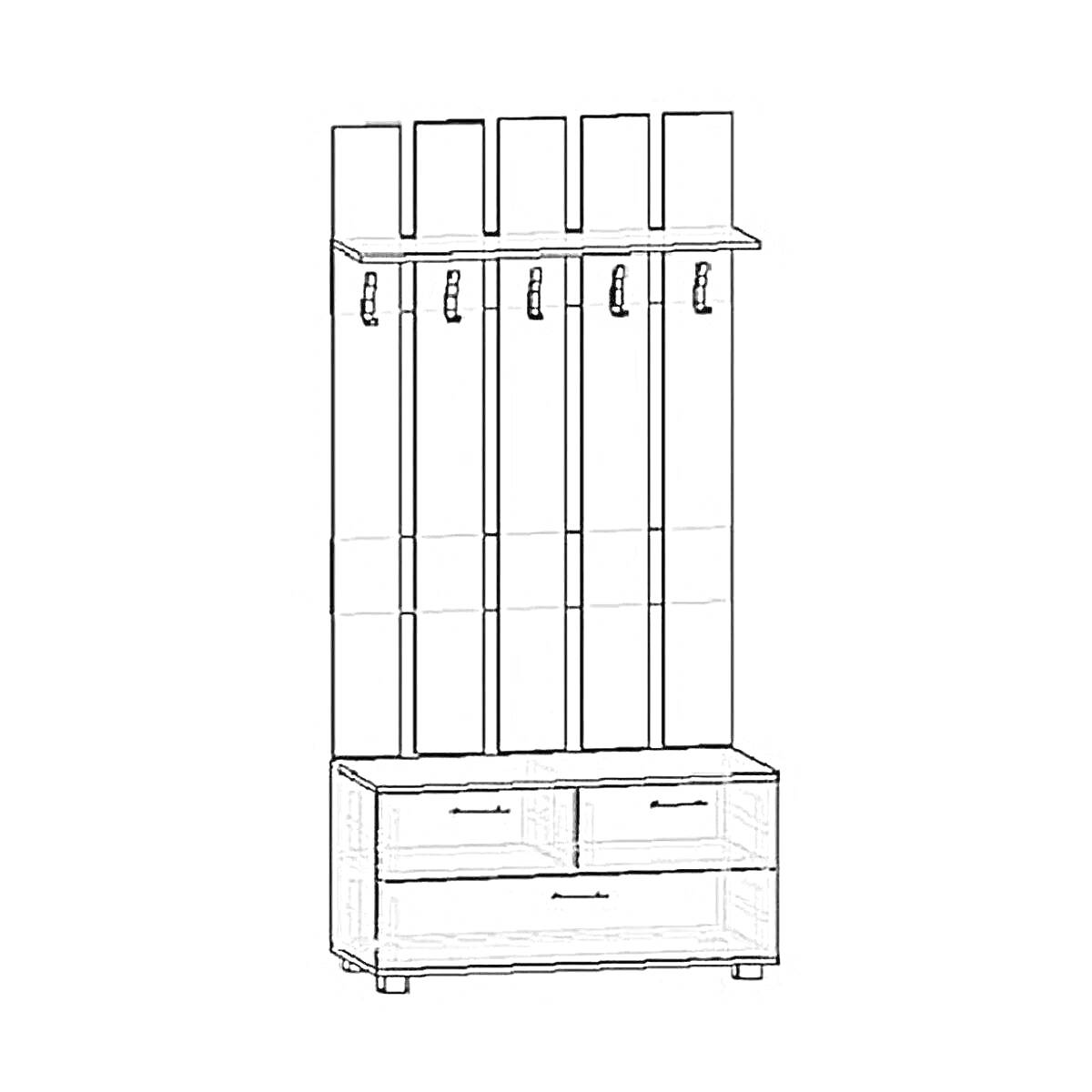 Раскраска Прихожая с вешалкой, полками и ящиками