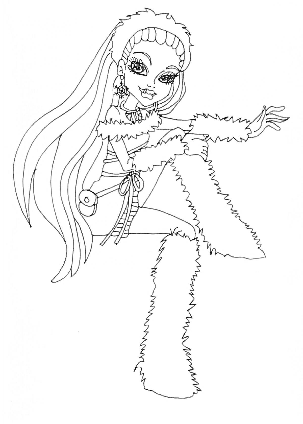 Раскраска Девочка с длинными волосами в одежде с меховой отделкой
