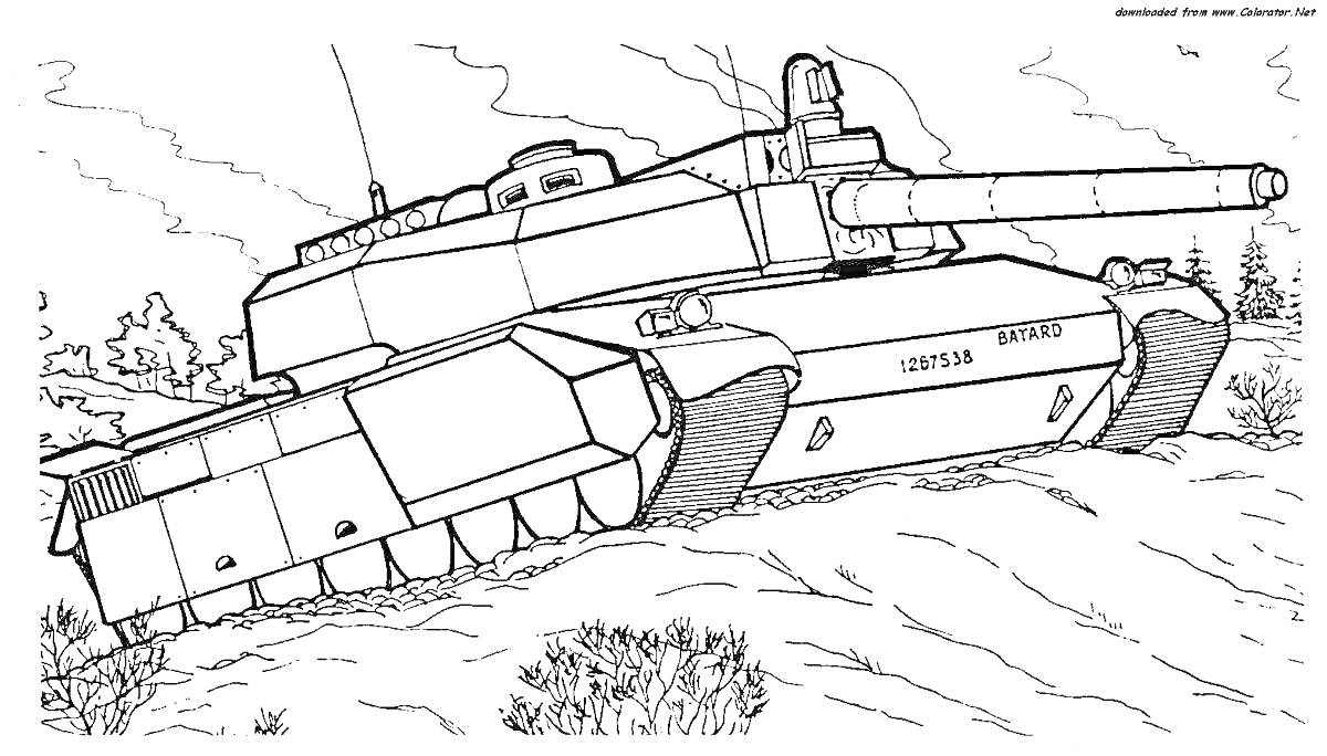 На раскраске изображено: Танк, Ратте, Военная техника, Пересеченная местность, Кусты, Облака, Пушка, Гусеницы, Детали корпуса