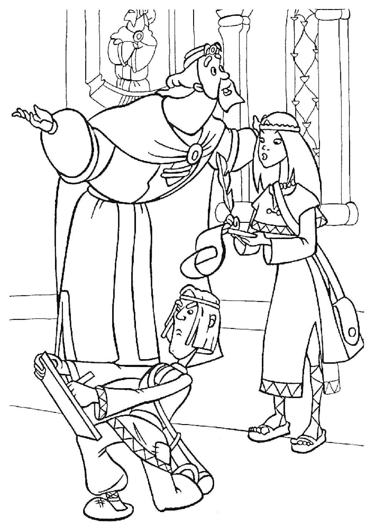 Раскраска Три богатыря с князем и девушкой, один богатырь в доспехах держит свиток, все находятся в замке