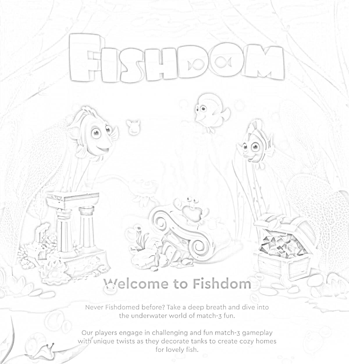 Раскраска Fishdom с рыбами, подводный интерьер с колоннами, сундук с сокровищами и растения