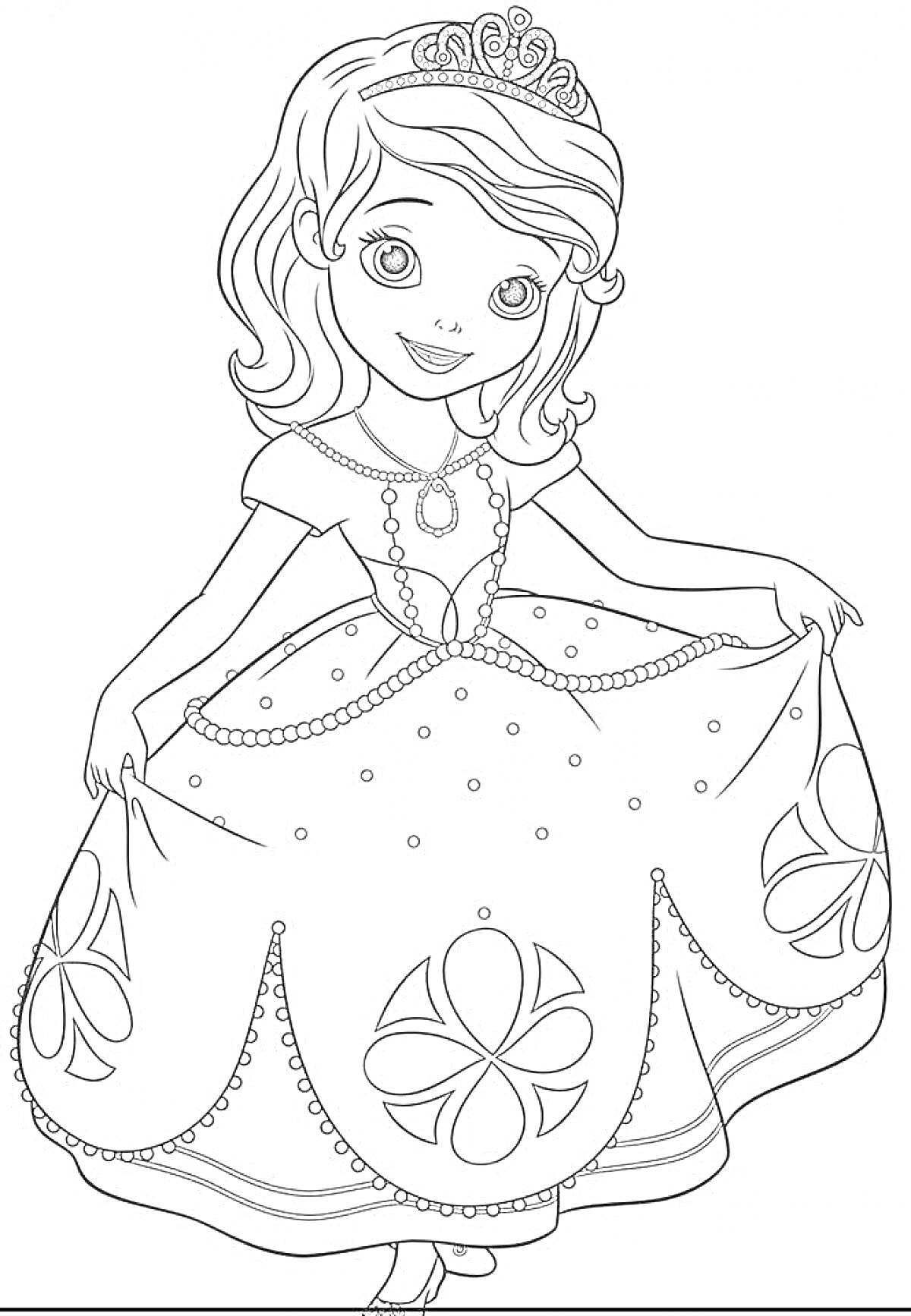 Раскраска Принцесса в платье с короной, ожерельем и узорами на юбке