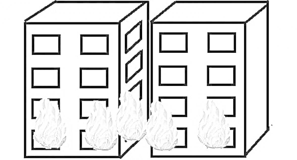 На раскраске изображено: Горящий дом, Многоэтажные дома, Огонь, Пожар