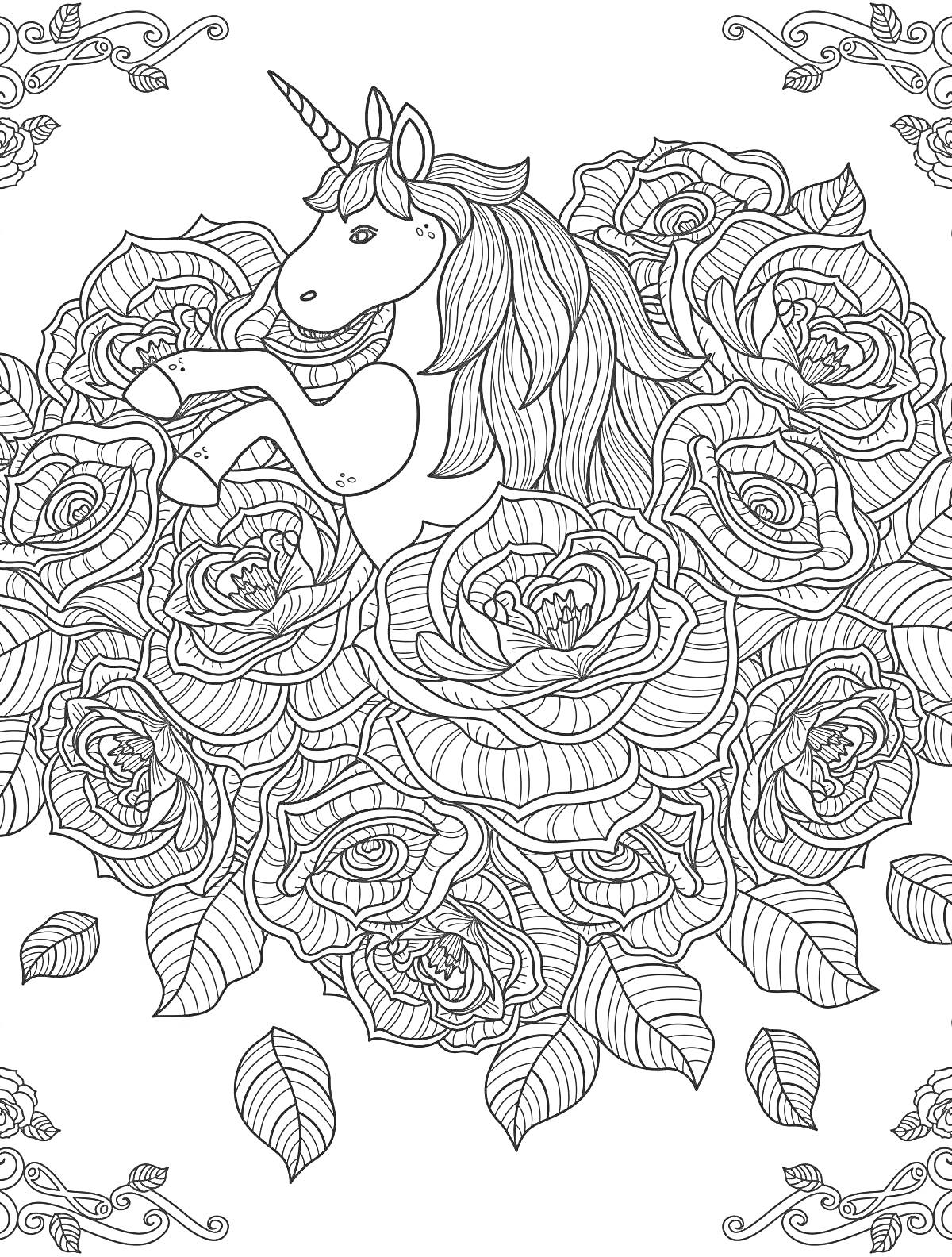 Раскраска Единорог среди роз