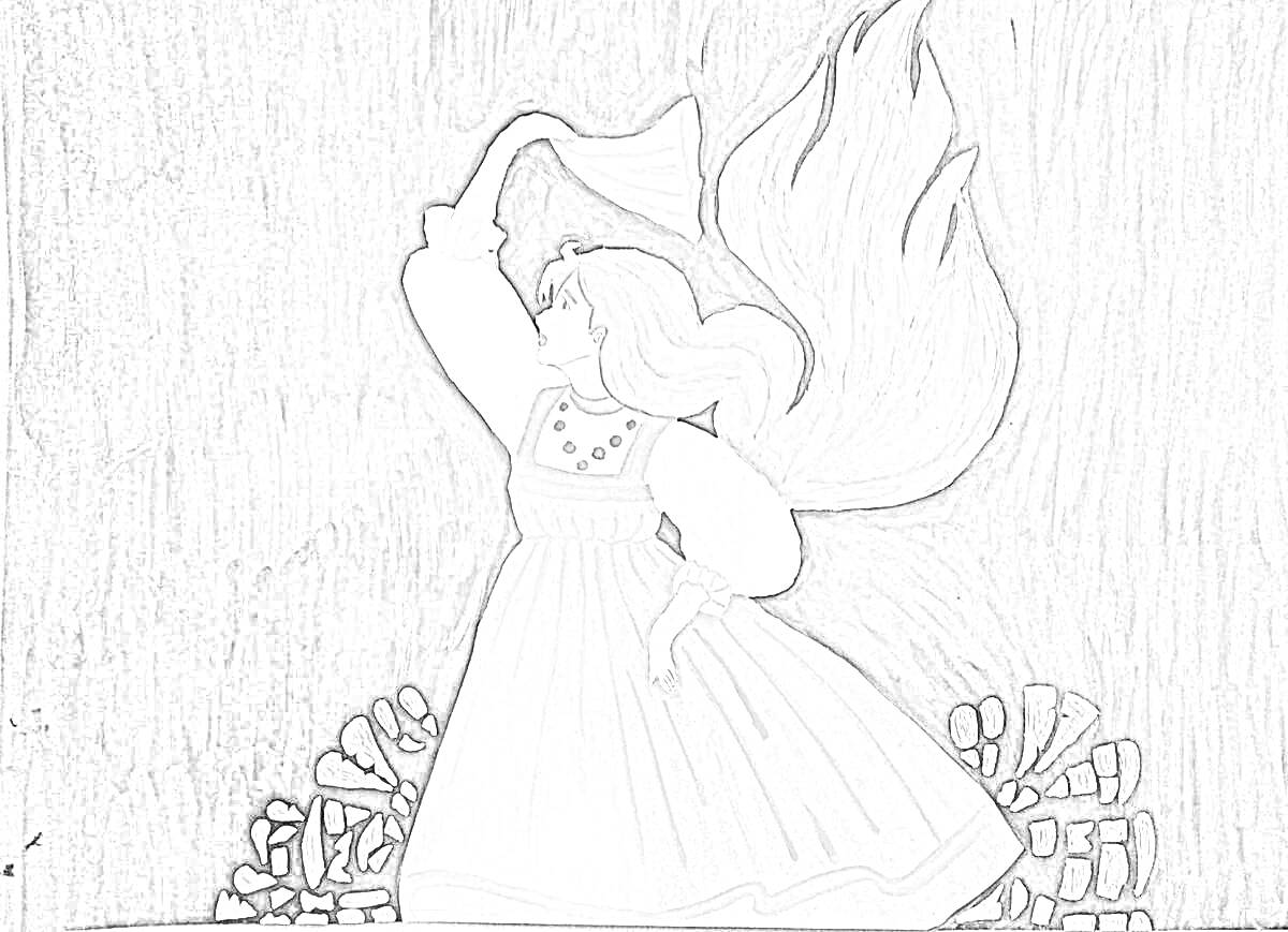 Раскраска Девушка в платье и платке с огненной косой на фоне темного леса и растительности
