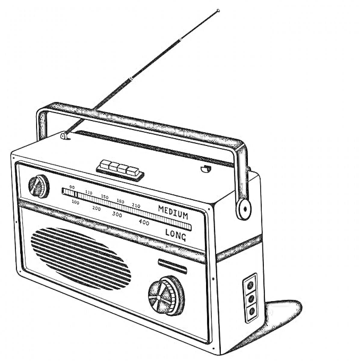 Радиоприёмник с антенной, ручкой для переноса, круглыми крутящимися регуляторами и динамиком