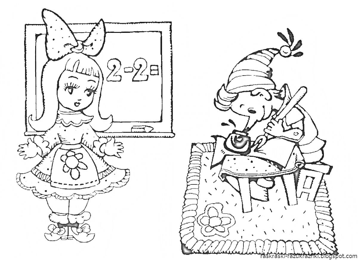 Раскраска Девочка с бантом у классной доски и Буратино за столом с чернильницей