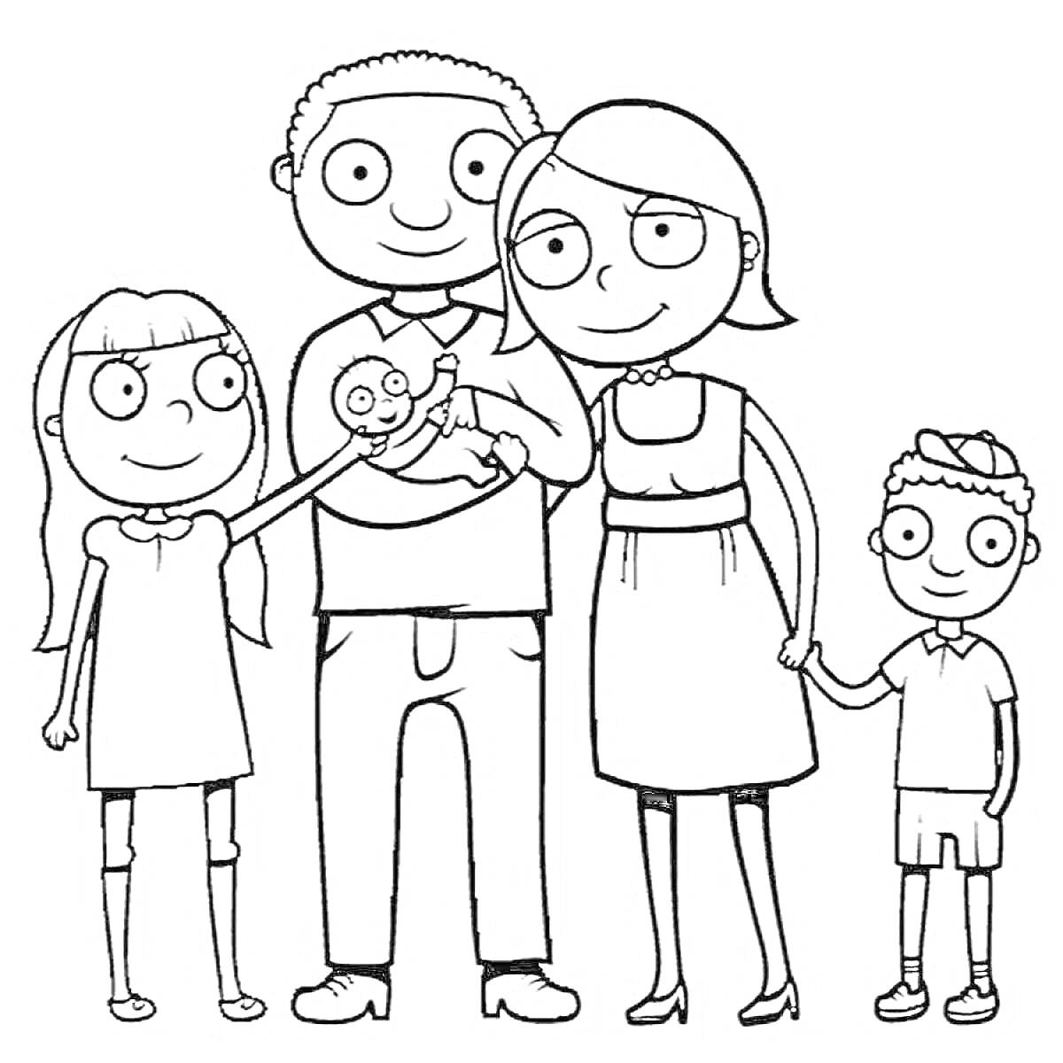 На раскраске изображено: Семья, Мама, Сестра, Младшая сестра, Ребенок, Родители, Семейная сцена