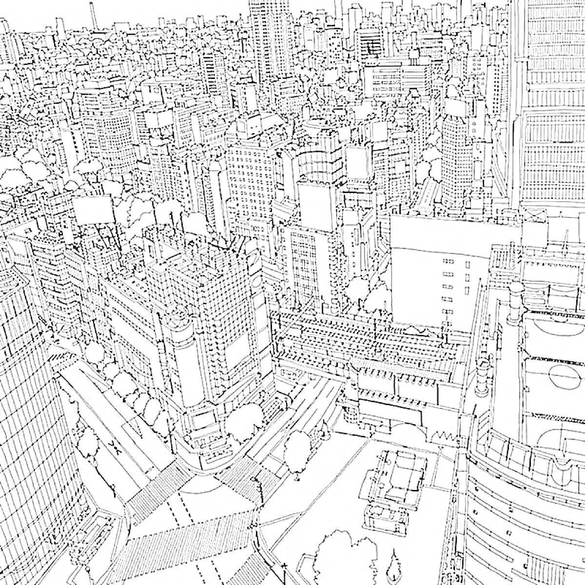 Раскраска Город с небоскребами, улицами, деревьями и зданиями
