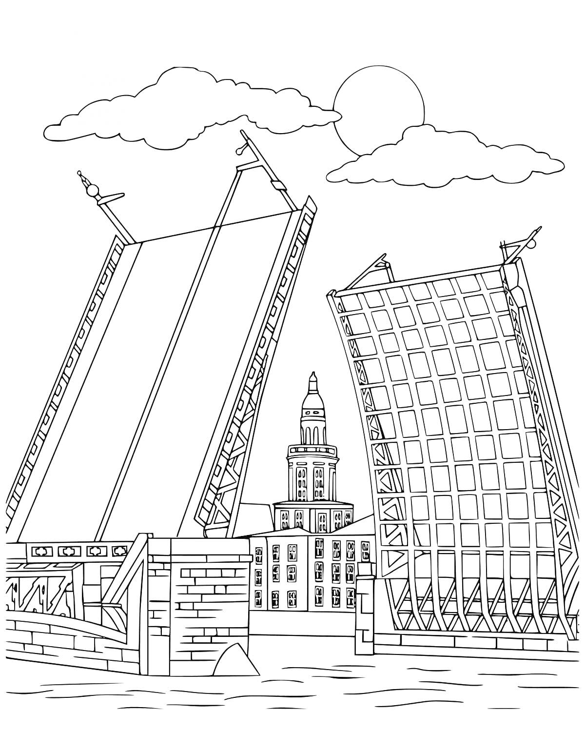Раскраска Разведённый Дворцовый мост с видом на здание Биржи в Санкт-Петербурге, на фоне реки и облаков