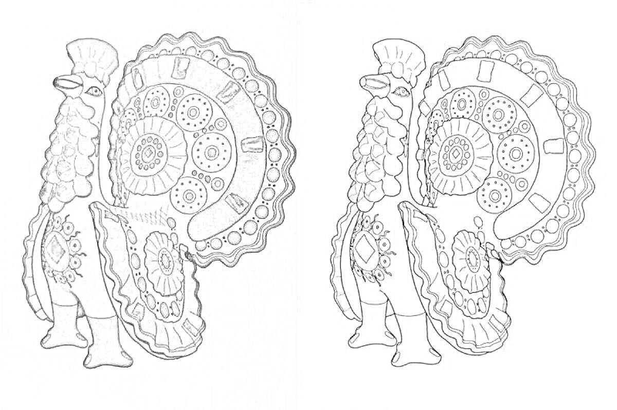 Раскраска Дымковский петушок с большим хвостом, украшенный круглыми и спиральными узорами, стоит на двух ногах и смотрит влево.