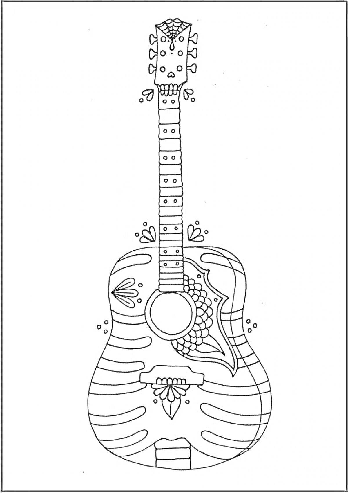 Раскраска Раскраска с изображением гитары, узоры, полосы, декоративные элементы, круги, ромбовидные фигуры, сердечки