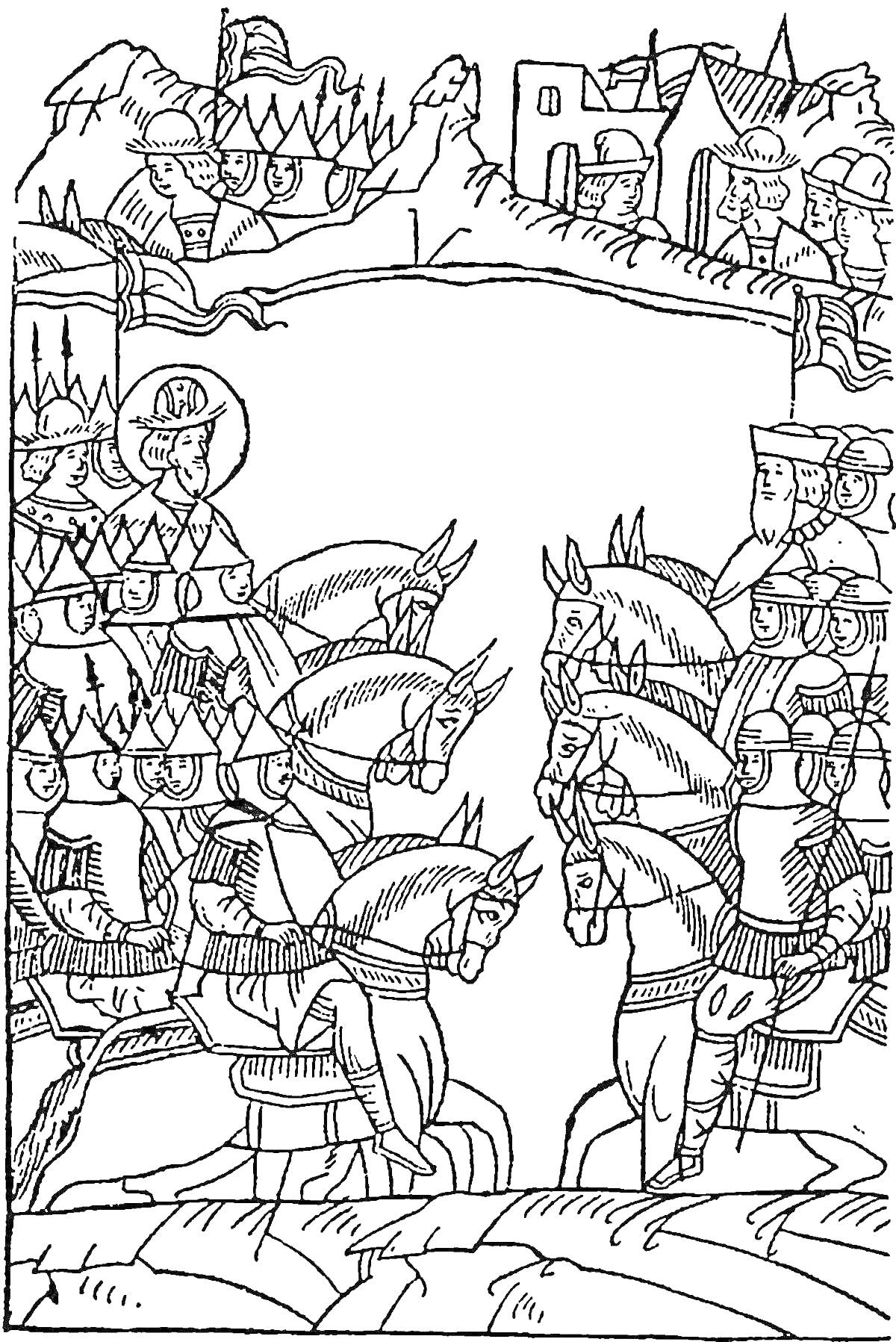 На раскраске изображено: Рыцари, Сражение, Крепость, Средневековье, Битва, Флаг, Лошадь, Горы