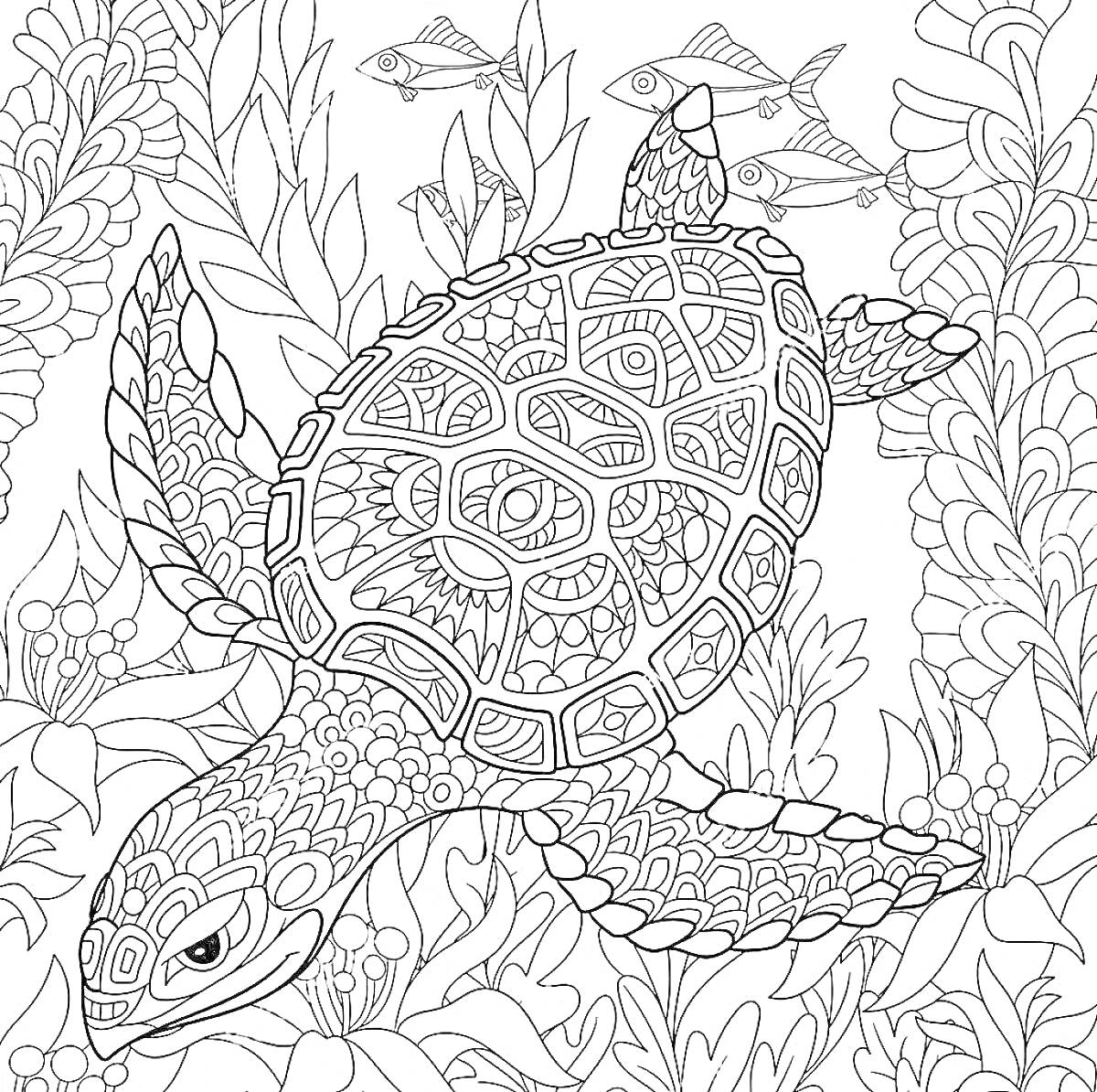 На раскраске изображено: Черепаха, Антистресс, Растения, Узоры, Морская жизнь, Природа, Рыба
