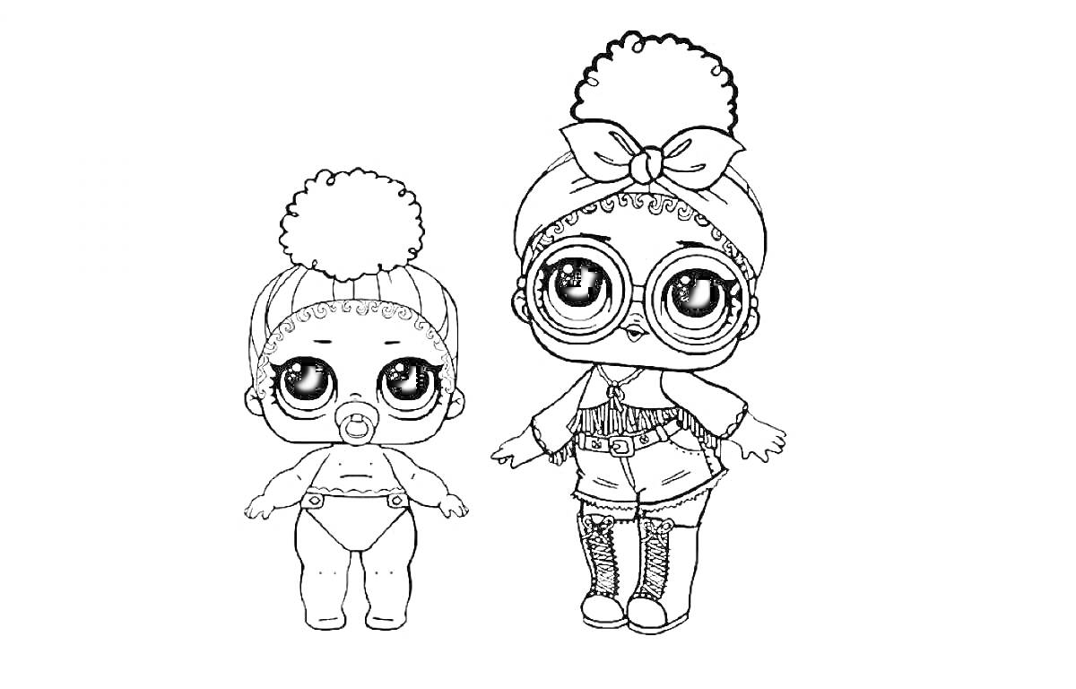 Две куклы Лол Конфетти Поп - одна малышка в купальнике и с соской, другая в очках, с бантом и в нарядном комбинезоне