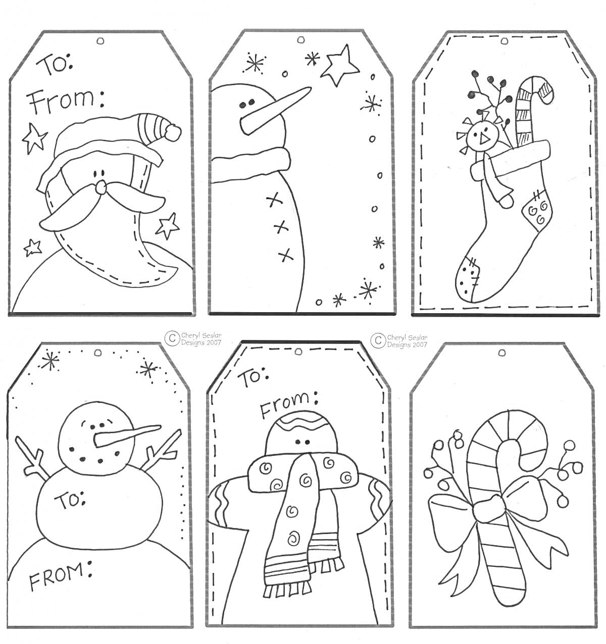 Раскраска Новогодние праздничные этикетки с изображениями письма Санте, снежного человека, новогоднего декора в виде чулка, снеговика, одетого в шарф, и украшенного леденца