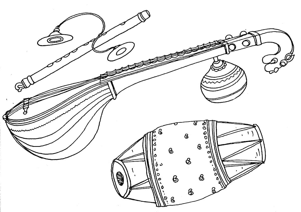 На раскраске изображено: Русские народные инструменты, Гусли, Свирель, Барабан, Фольклор, Традиции, Музыка, Музыкальные инструменты