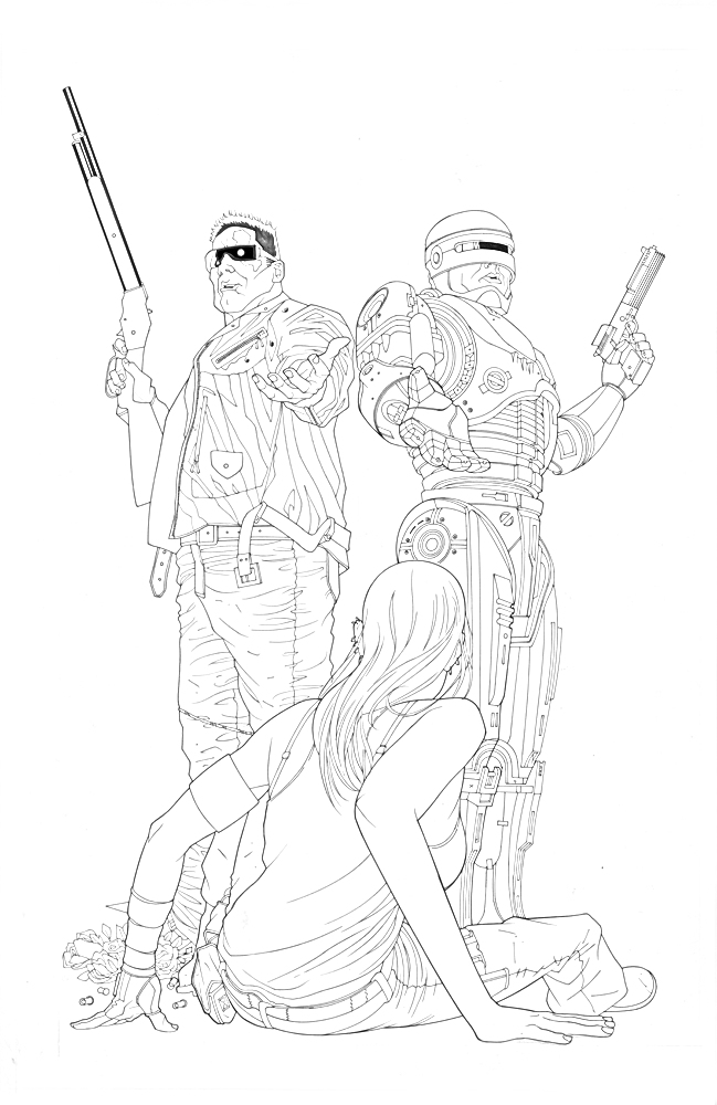 Раскраска Три персонажа (два боевых робота и человек) с оружием