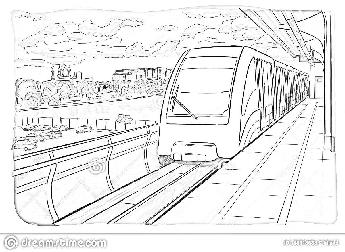 Раскраска Вагон московского метро на надземной станции с видами на город и реку