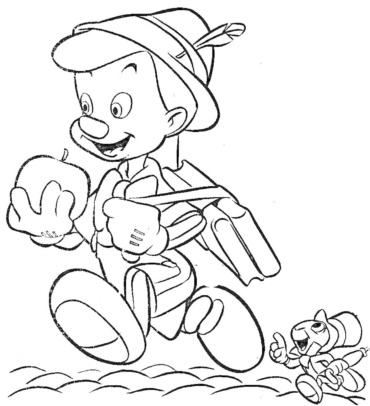 На раскраске изображено: Пиноккио, Яблоко, Бег, Кузнечик, Для детей