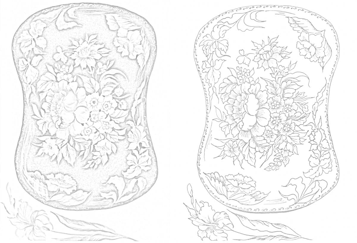 Раскраска Жостовский поднос с цветочным орнаментом, большая композиция из роз, ромашек и листьев в центре, дополнительно один цветок и листик отдельно
