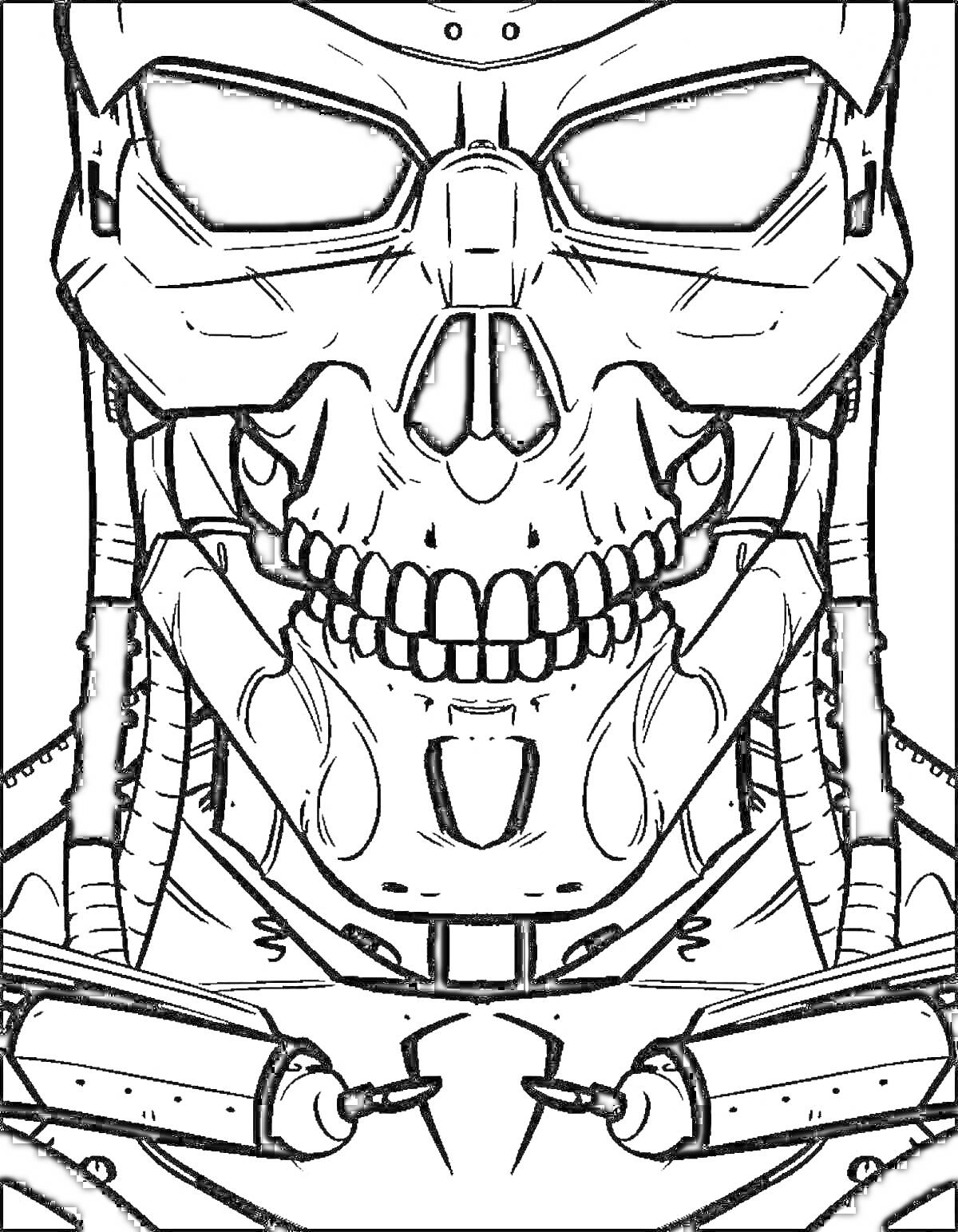Раскраска Киборг с черепообразной головой и механическими элементами