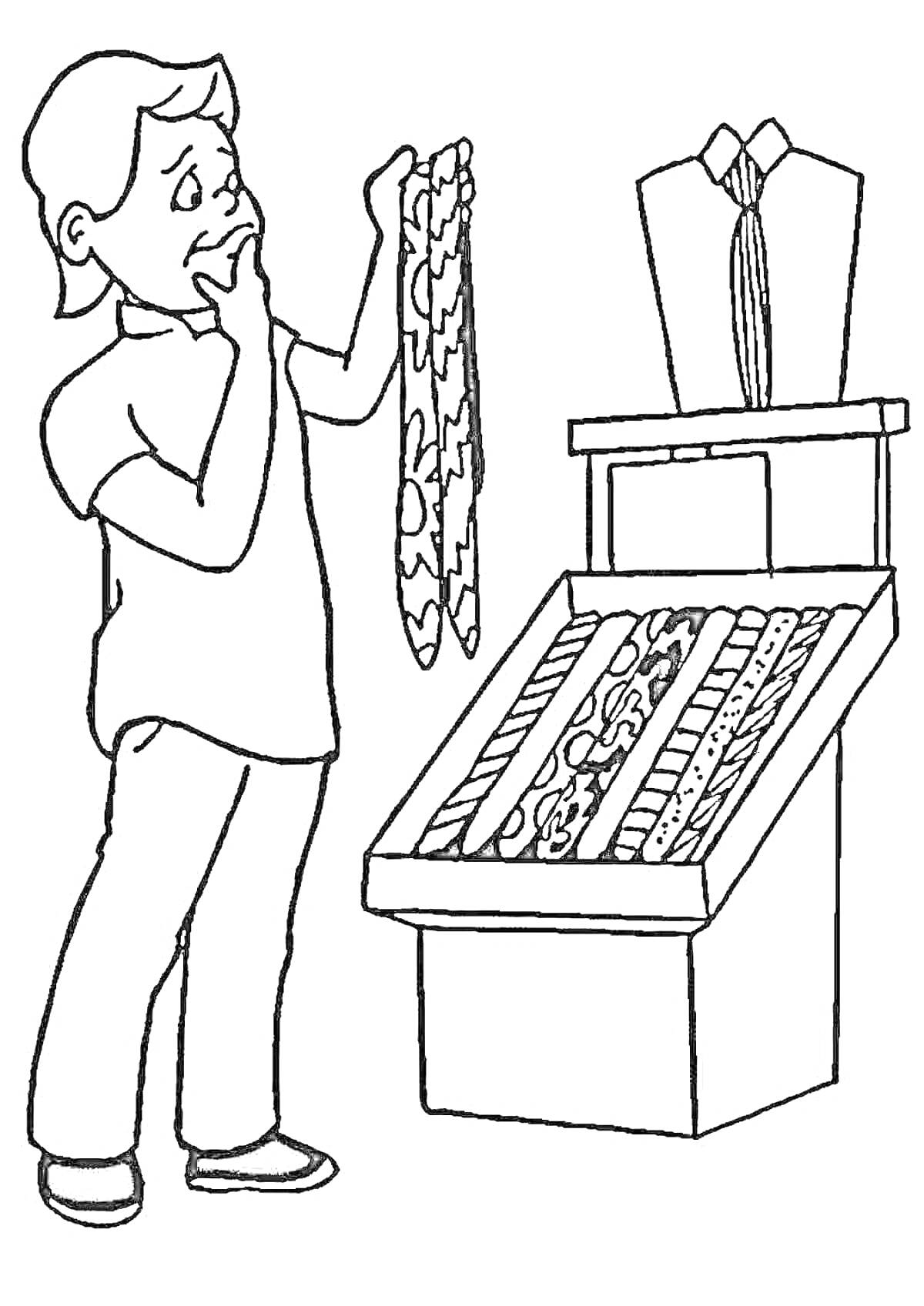 На раскраске изображено: Мужчина, Галстуки, Магазин, Выбор, Размышления, Одежда