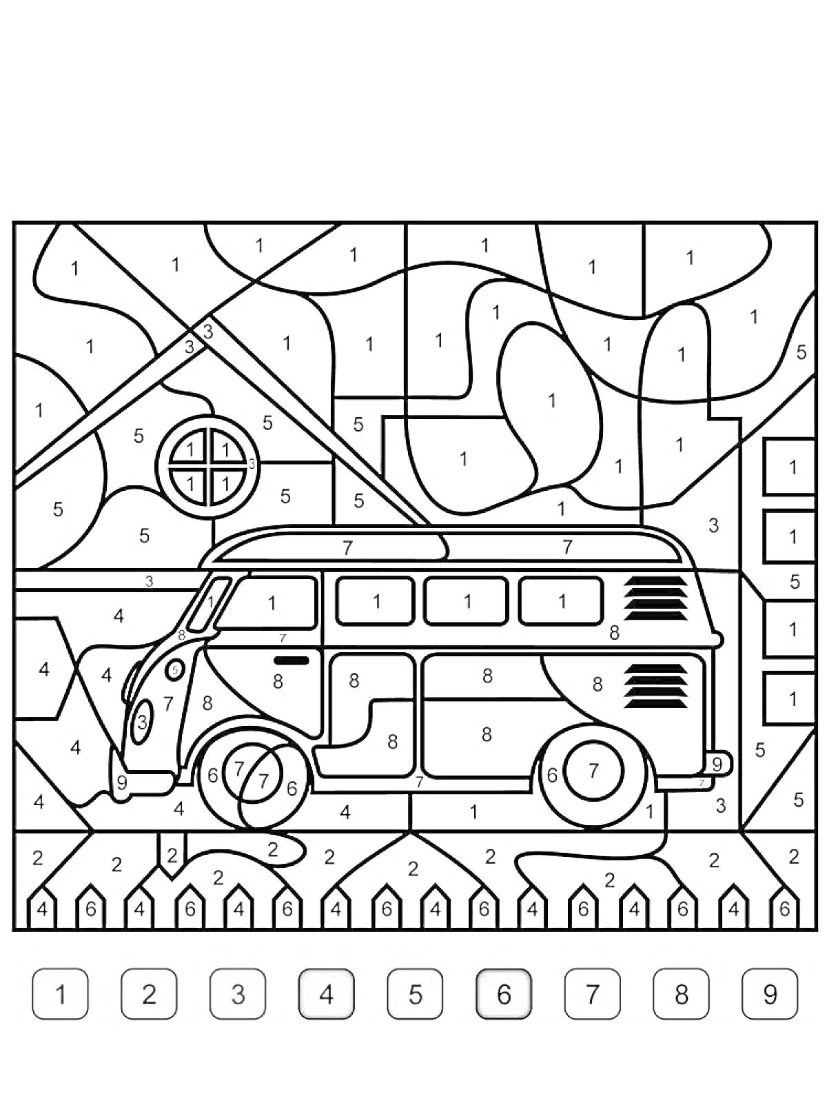 На раскраске изображено: Микроавтобус, Дом, Забор, Небо, Окна, Дороги