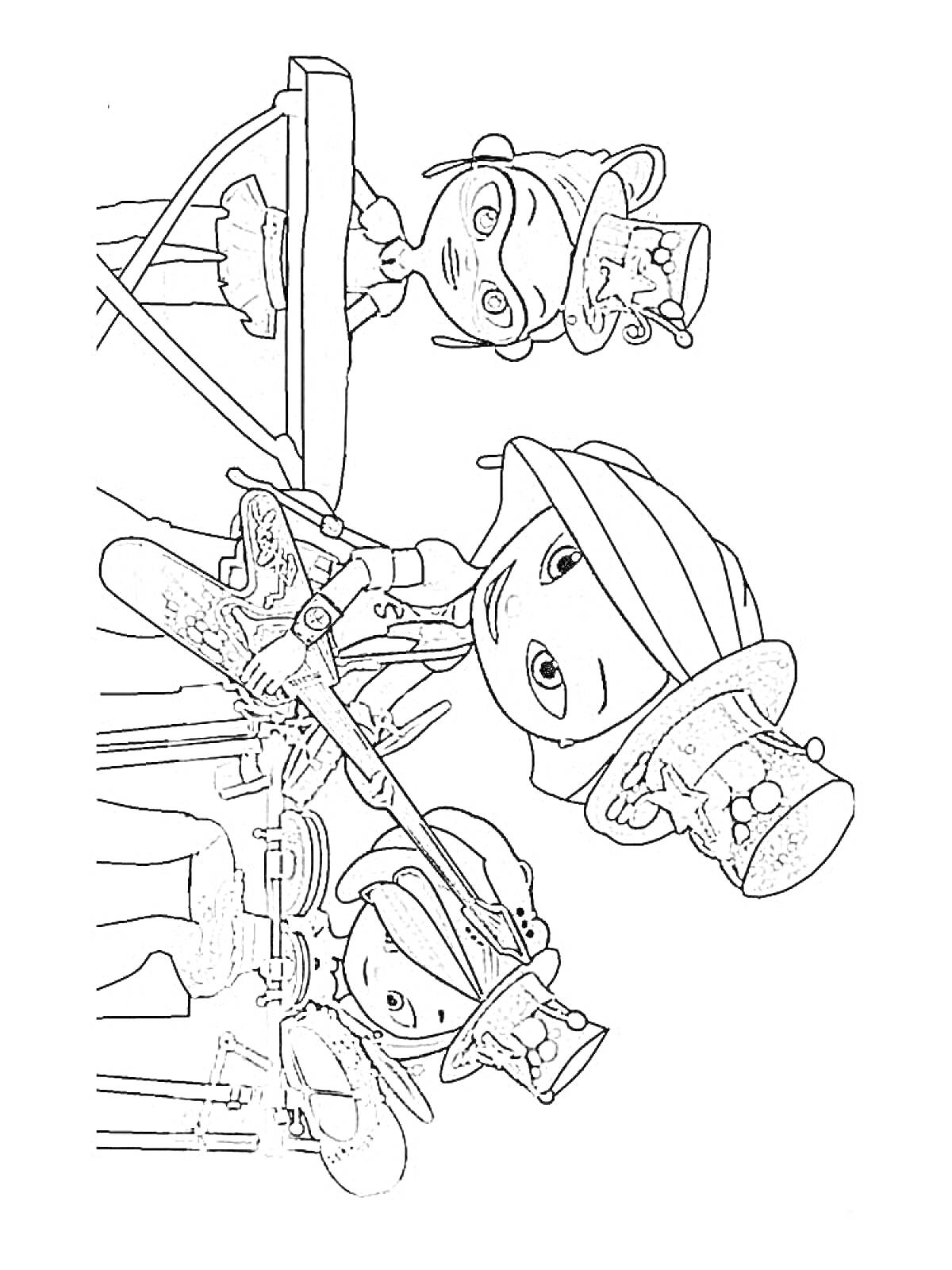 Сказочный патруль на кухне - персонажи в шляпах с чертежами и миксером