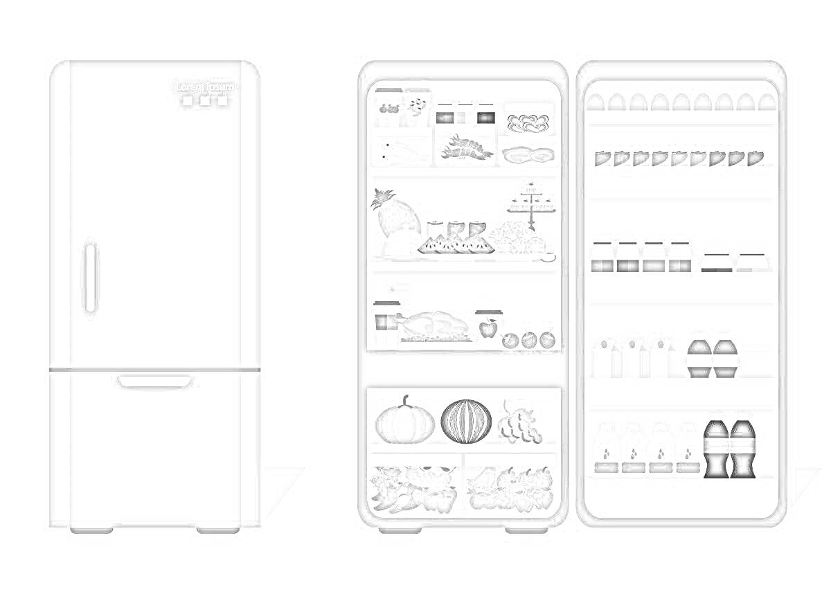 Раскраска Открытый холодильник с продуктами - пакеты с молоком, яйца, бутылки, овощи, фрукты, мясо, сыры, консервы, йогурты