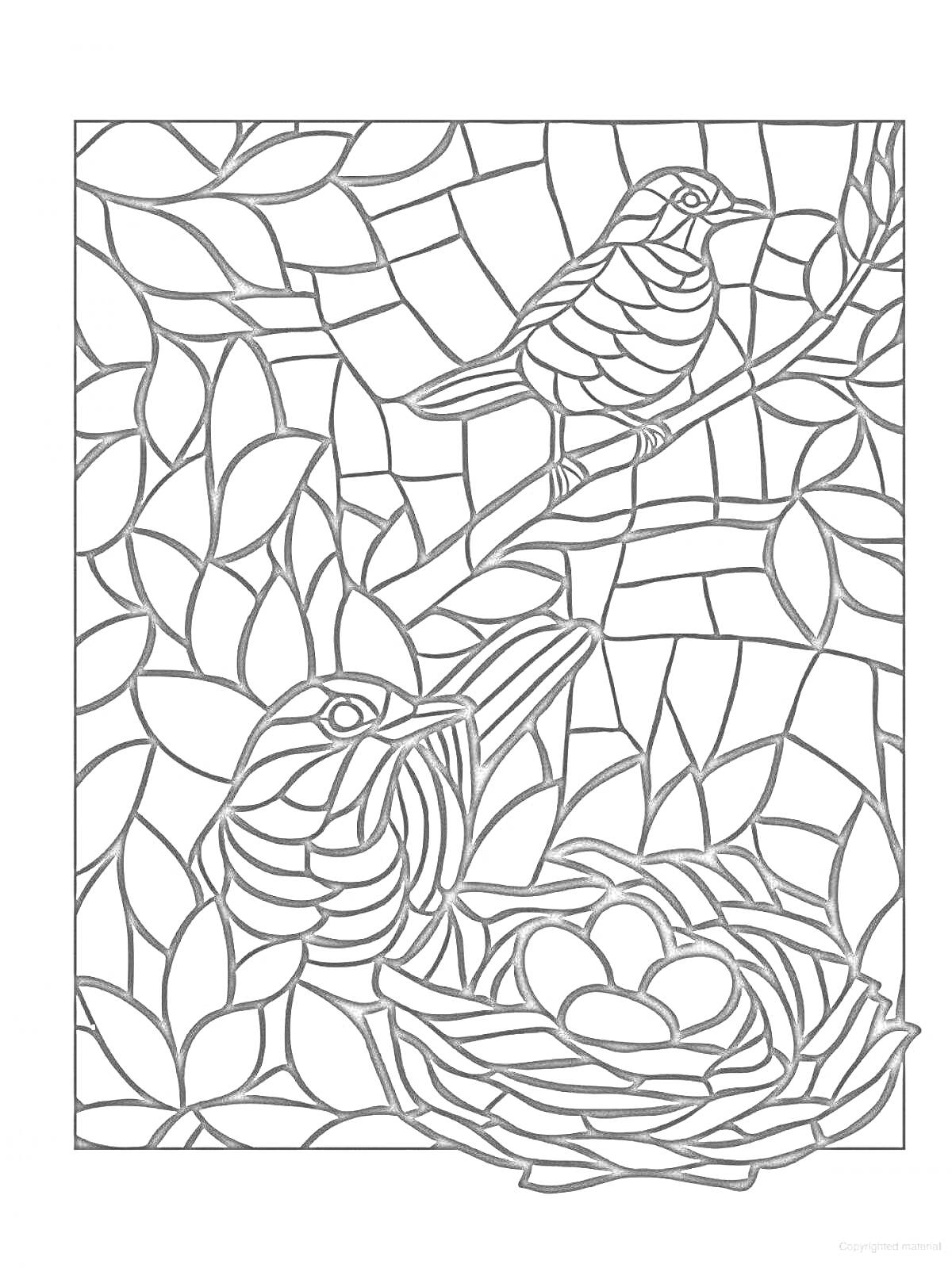 На раскраске изображено: Мозаика, Гнездо, Яйца, Ветка, Листья