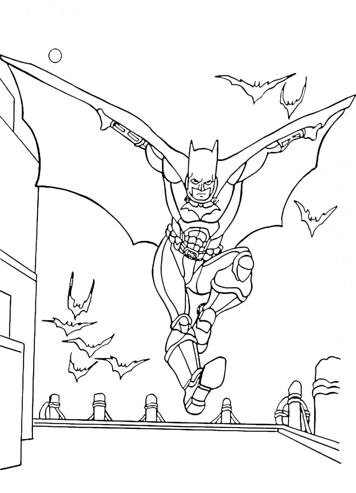 Раскраска Бэтмен на крыше здания с летучими мышами на фоне ночного города