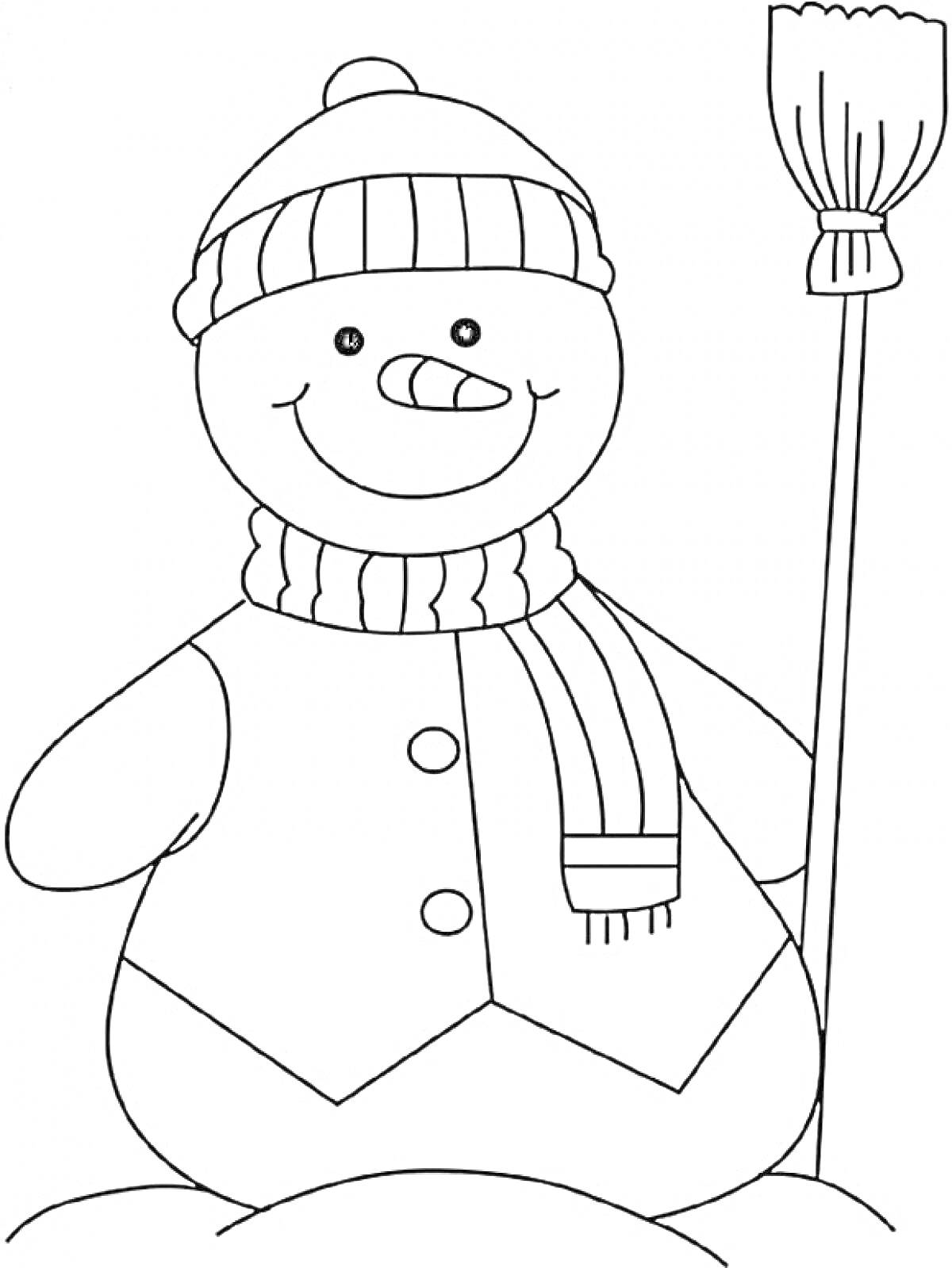 Раскраска Снеговик в шапке и шарфе с метлой